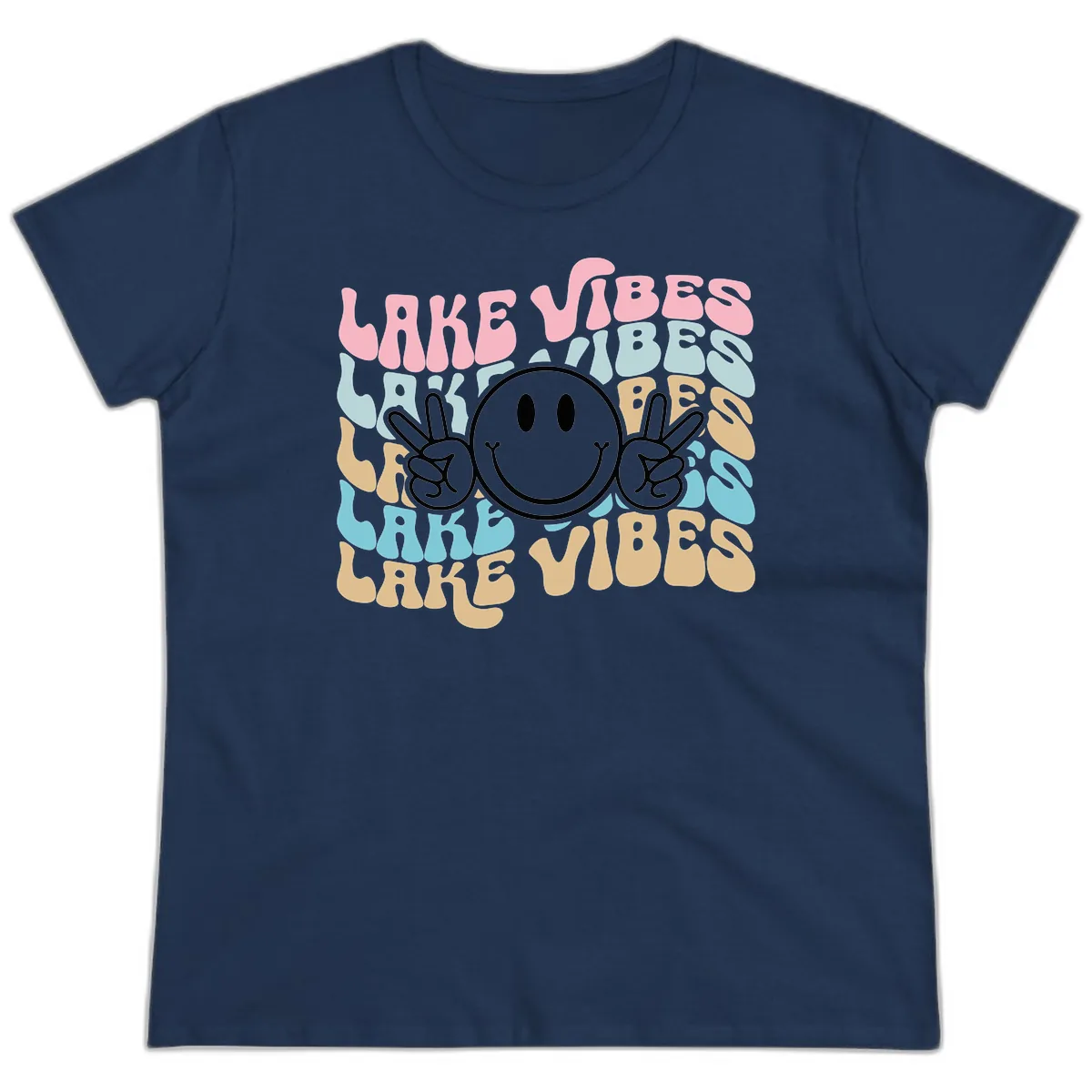 Lake Vibes Retro Smiley Face Ladies Tee in Navy