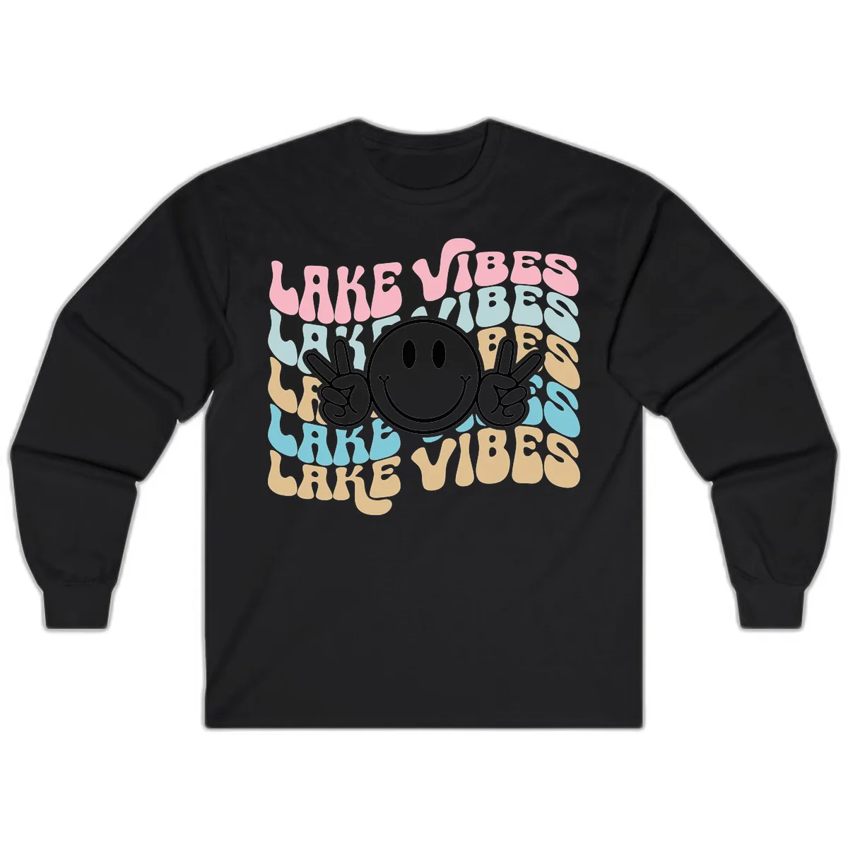 Lake Vibes Retro Smiley Face Long Sleeve in Black