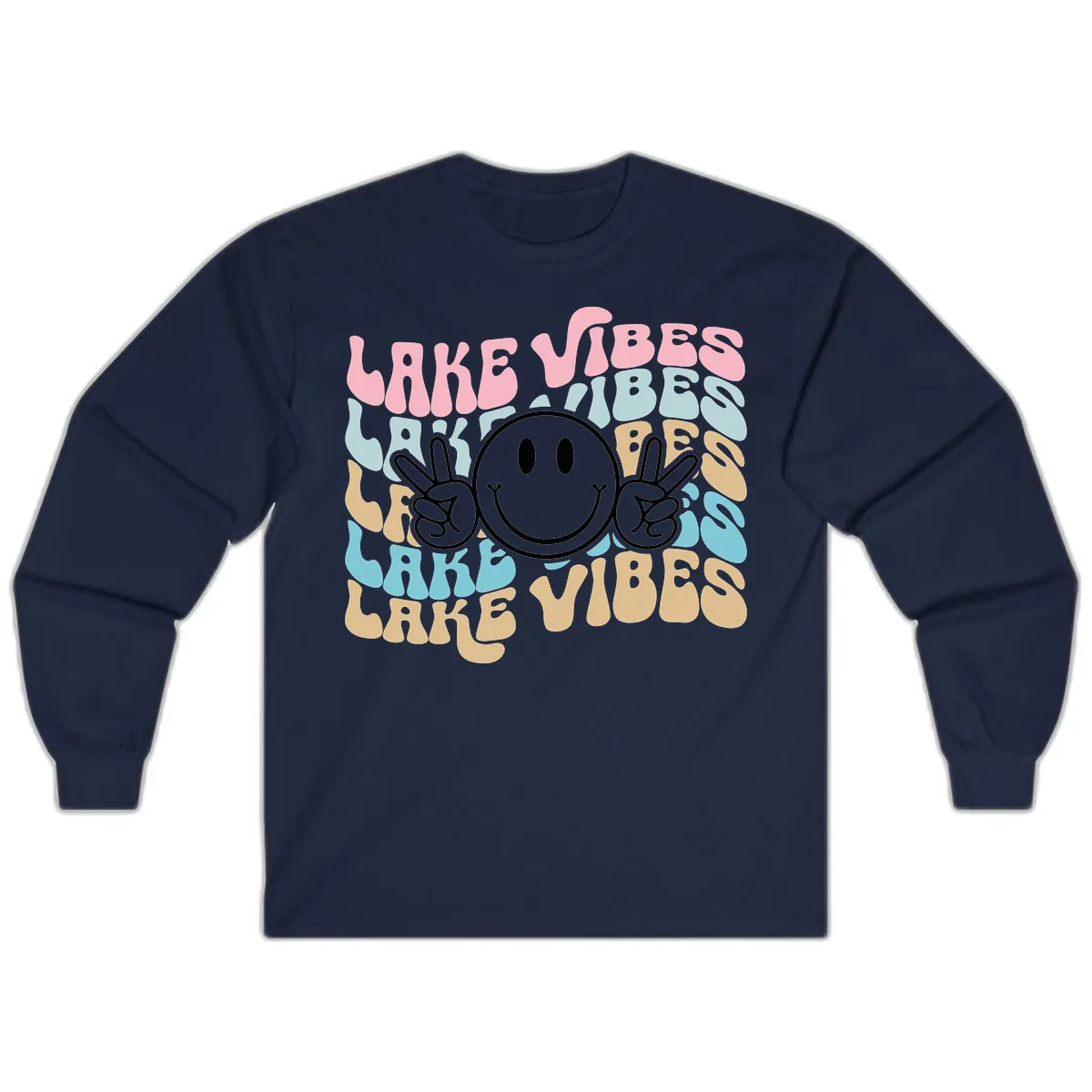 Lake Vibes Retro Smiley Face Long Sleeve in Navy