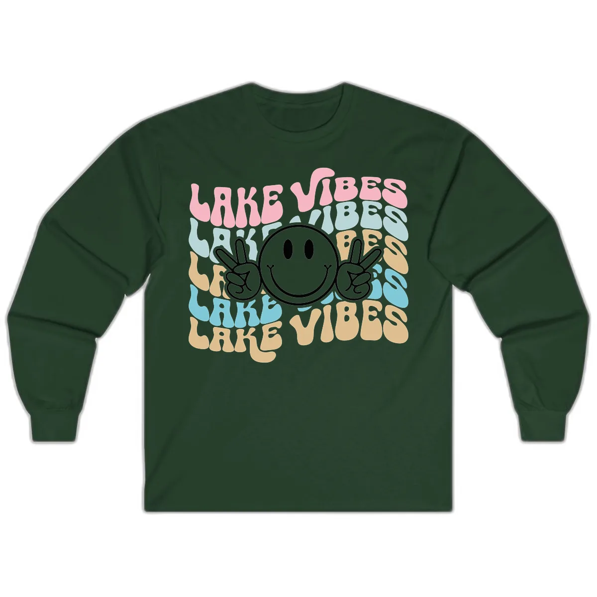 Lake Vibes Retro Smiley Face Long Sleeve in Forest Green