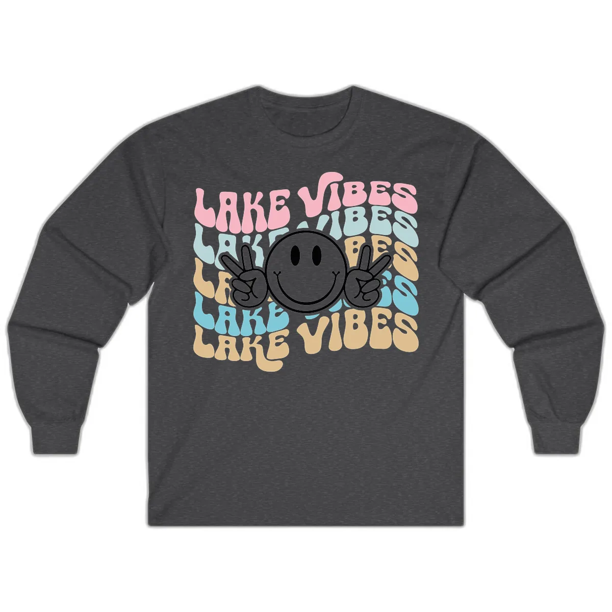 Lake Vibes Retro Smiley Face Long Sleeve in Dark Heather