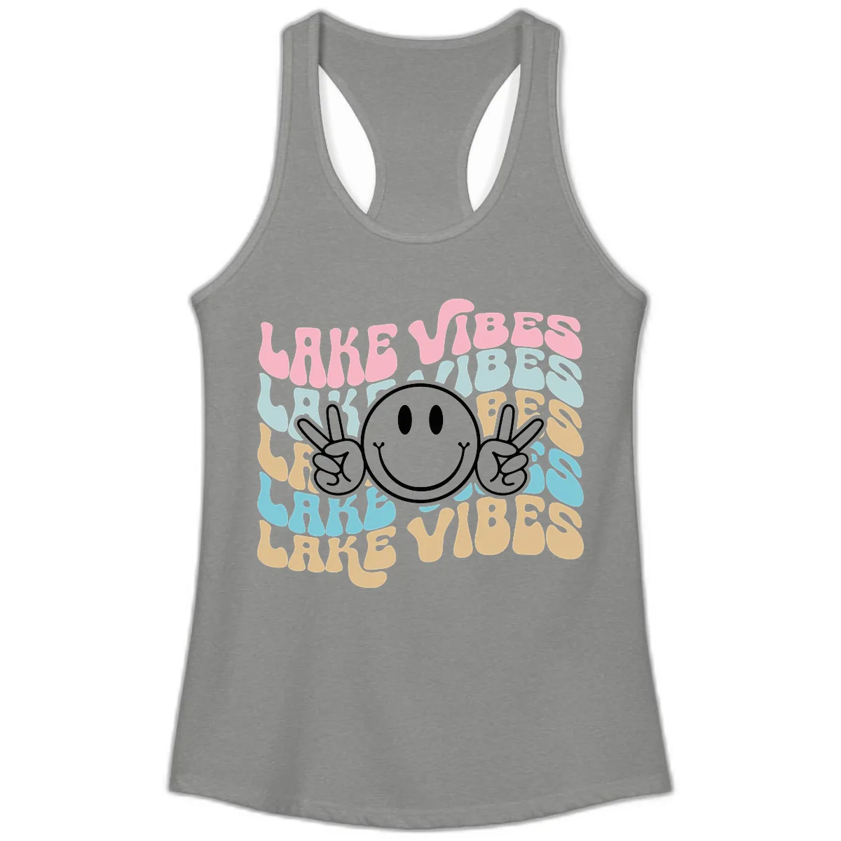 Lake Vibes Retro Smiley Face Ladies Tank in Heather Grey