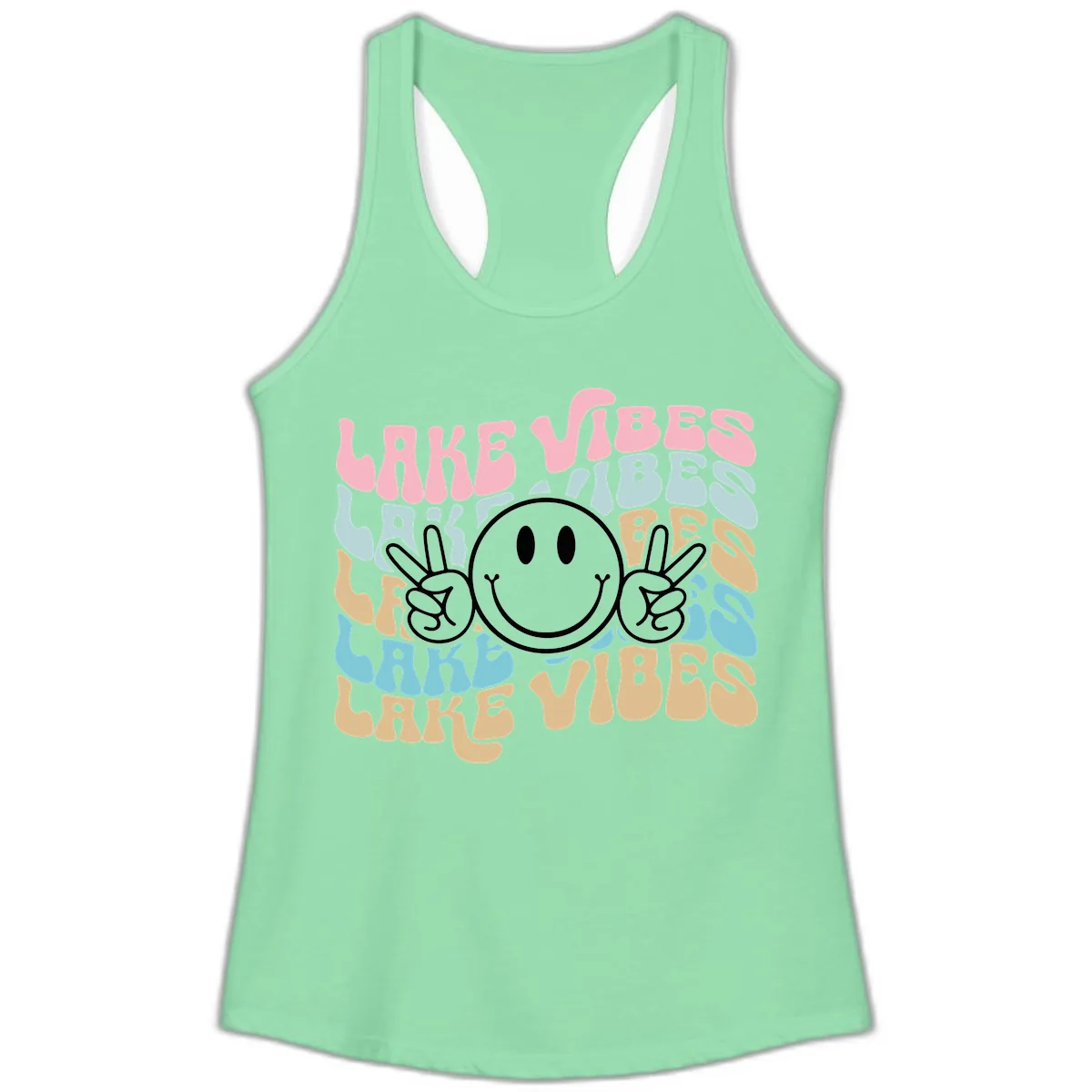 Lake Vibes Retro Smiley Face Ladies Tank in Solid Mint