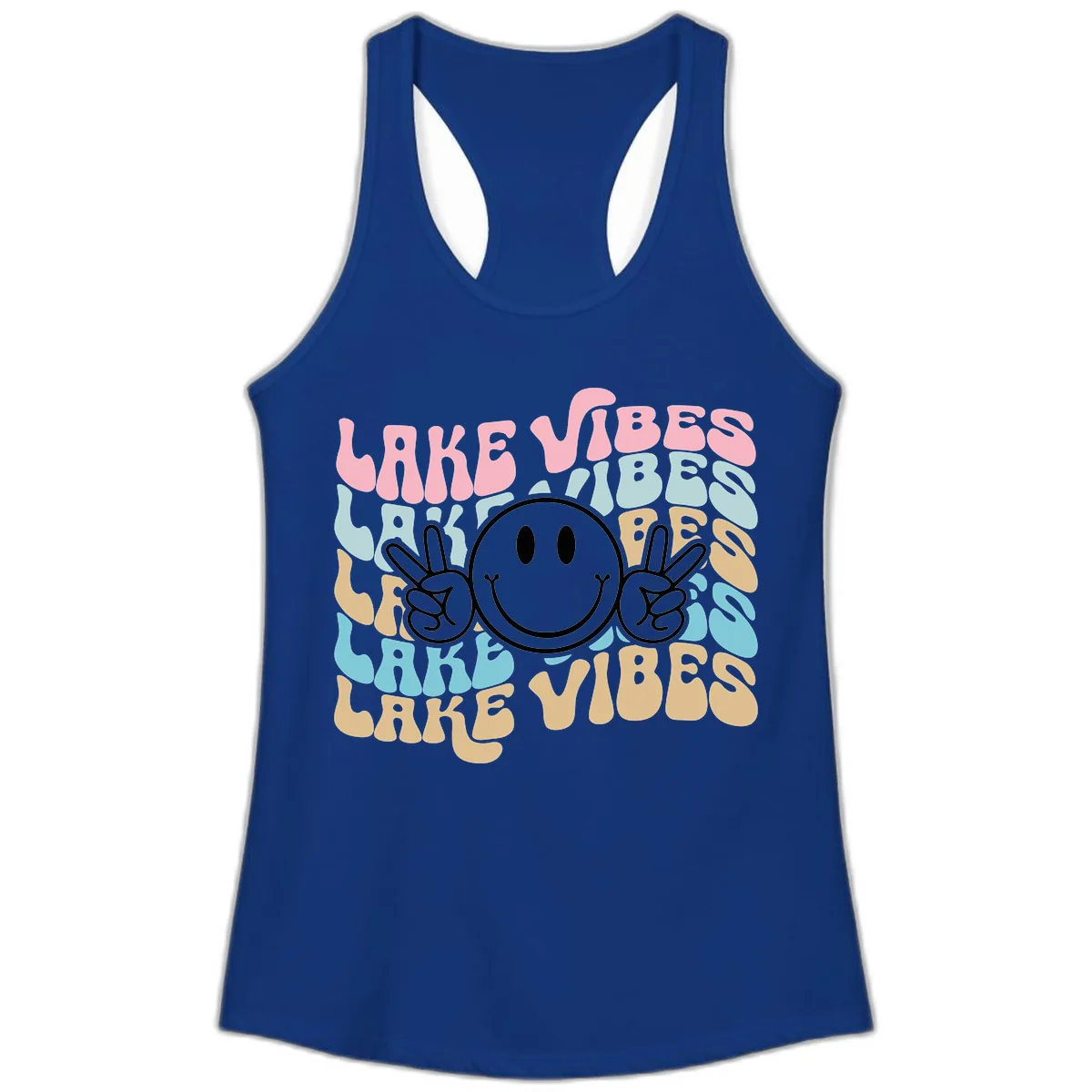 Lake Vibes Retro Smiley Face Ladies Tank in Solid Royal