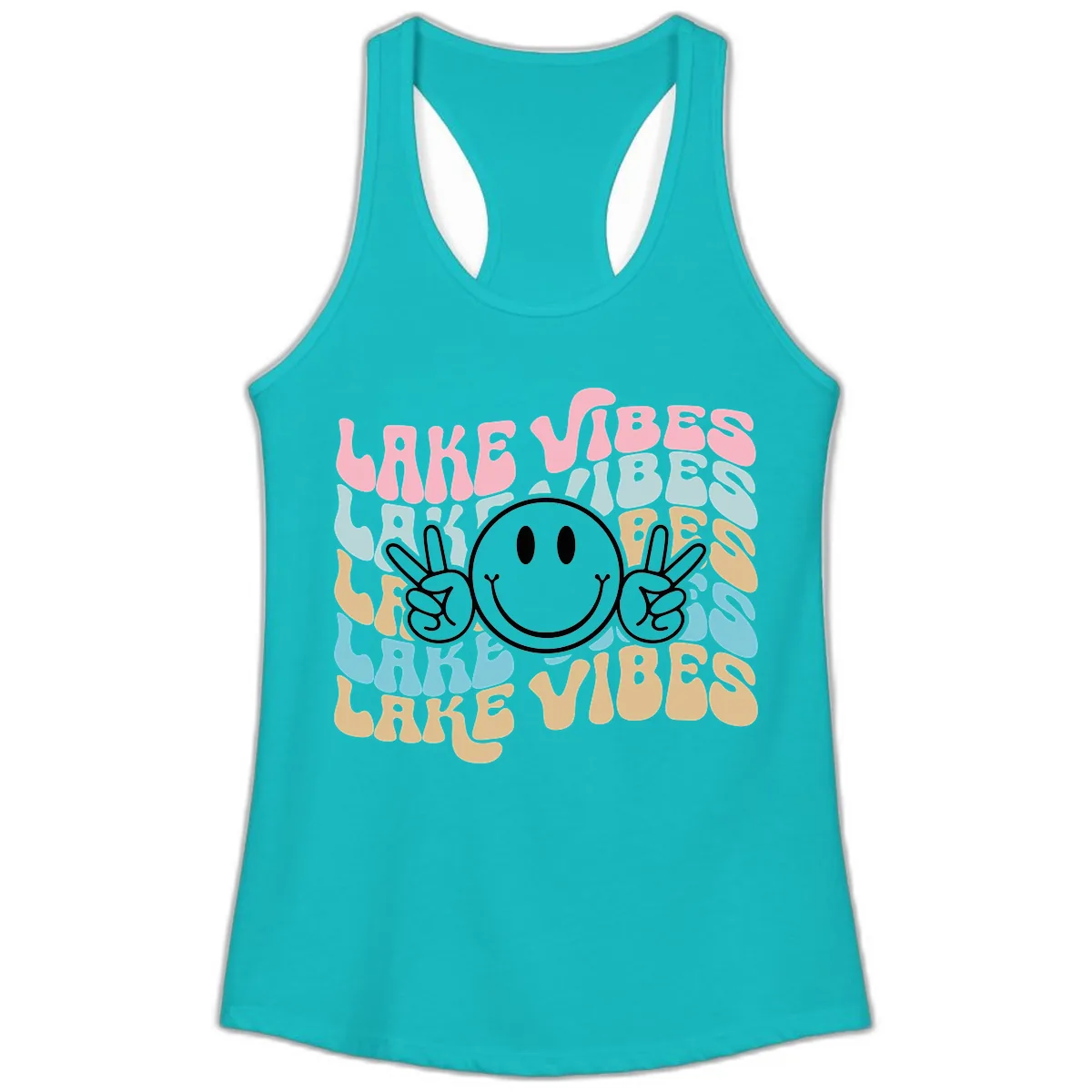 Lake Vibes Retro Smiley Face Ladies Tank in Tahiti Blue