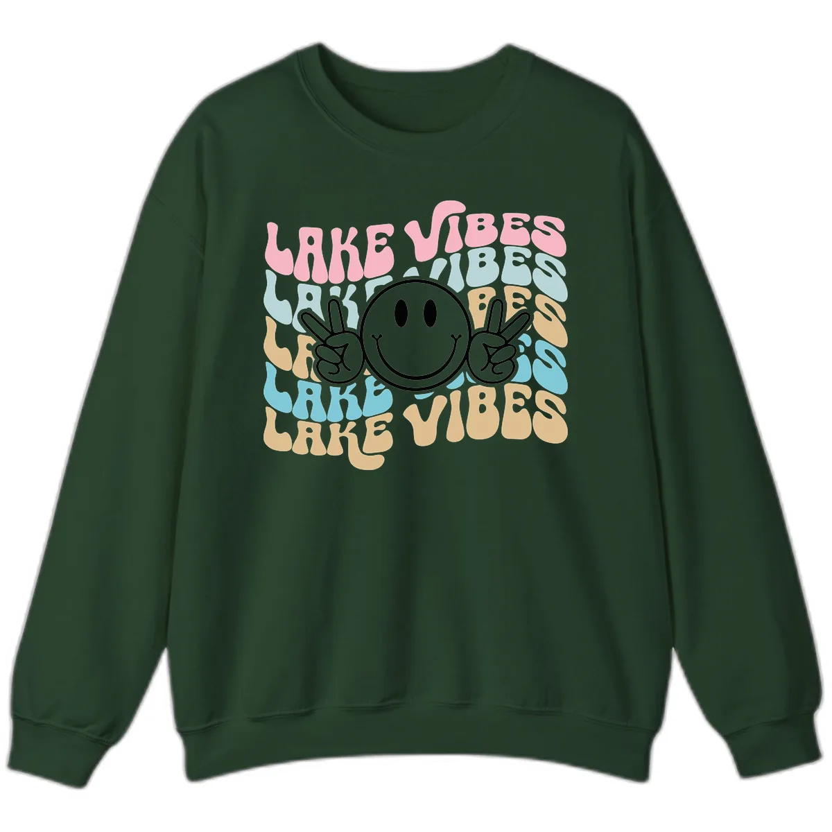 Lake Vibes Retro Smiley Face Sweatshirt in Forest Green