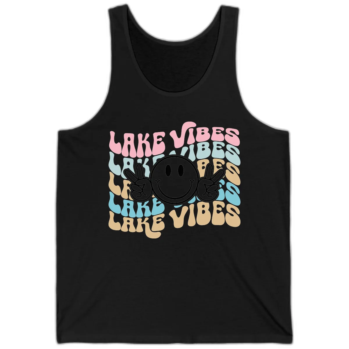 Lake Vibes Retro Smiley Face Tank in Black