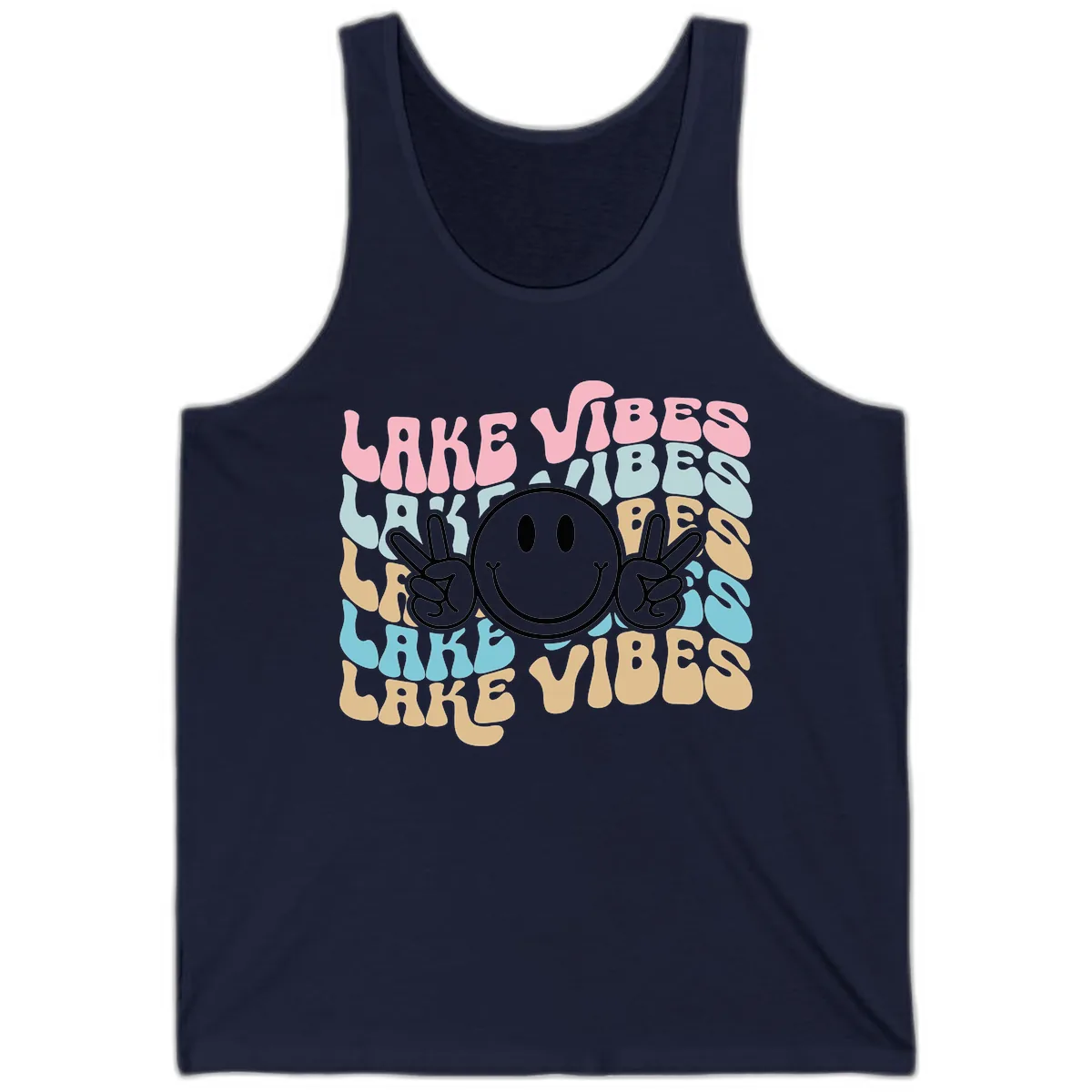 Lake Vibes Retro Smiley Face Tank in Navy