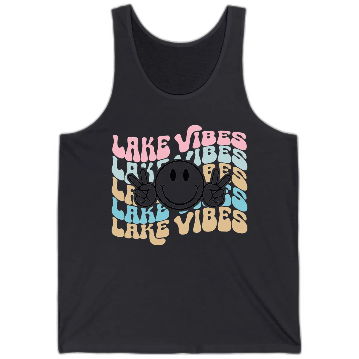 Lake Vibes Retro Smiley Face Tank in Dark Grey