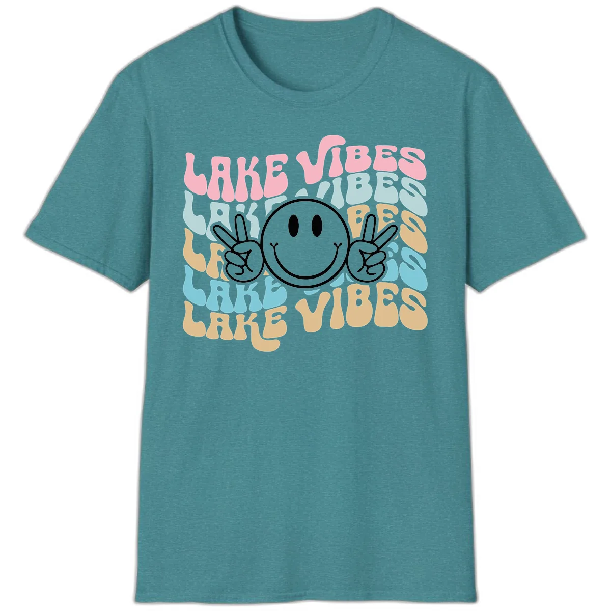 Lake Vibes Retro Smiley Face T-Shirt in Heather Galapagos Blue