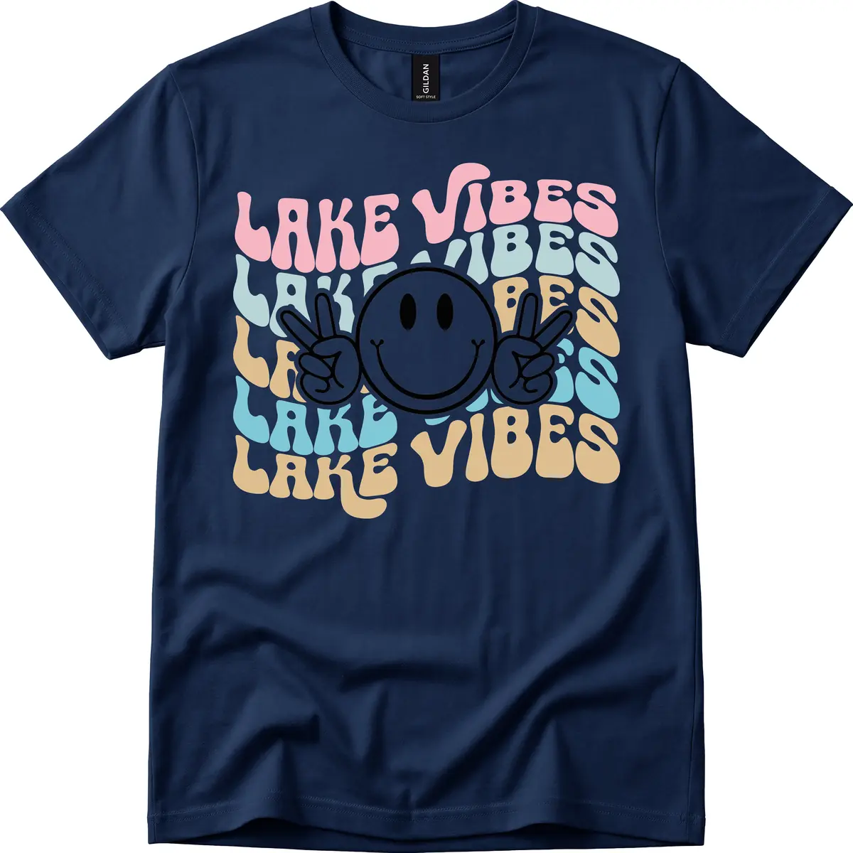 Lake Vibes Retro Smiley Face T-Shirt in Navy
