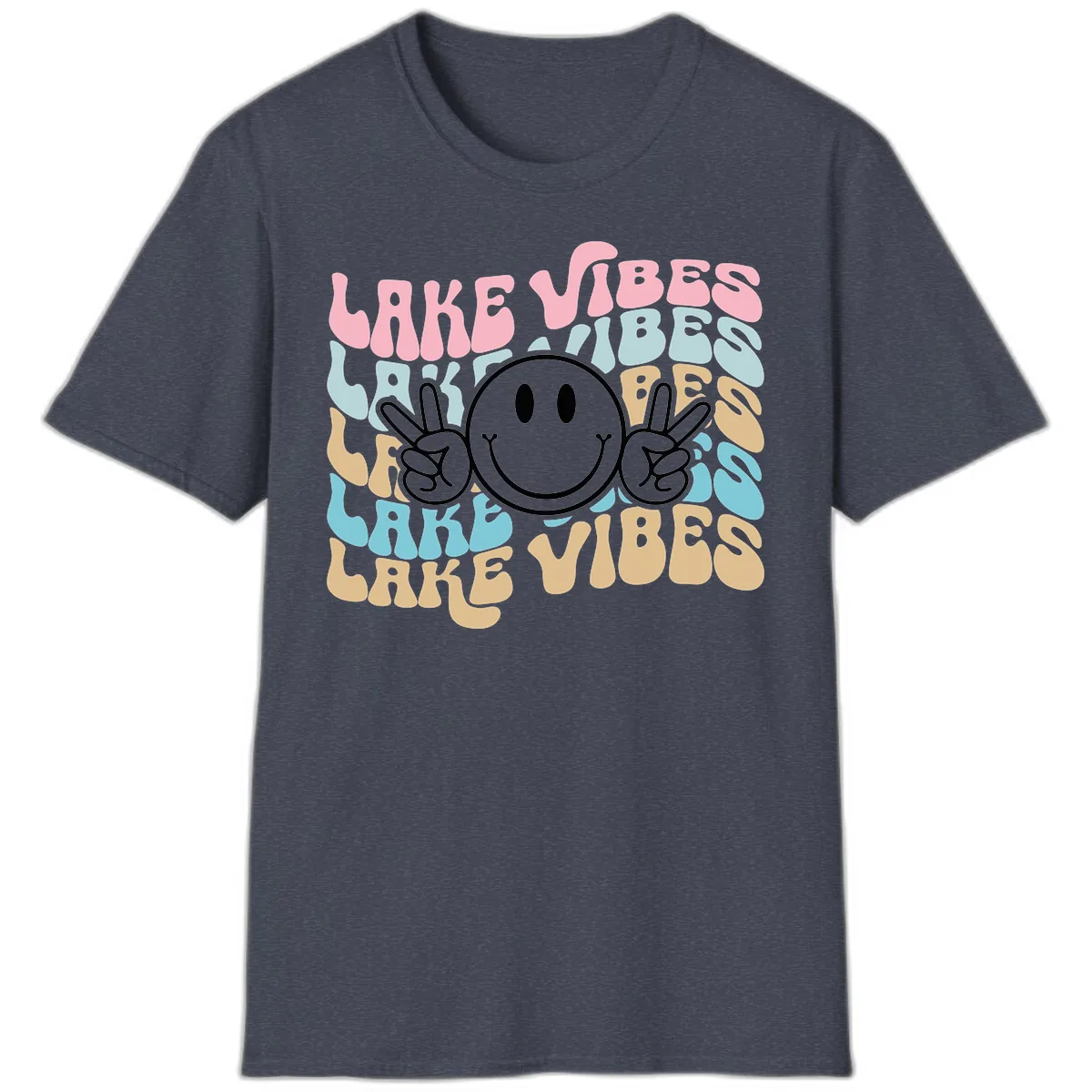 Lake Vibes Retro Smiley Face T-Shirt in Heather Navy