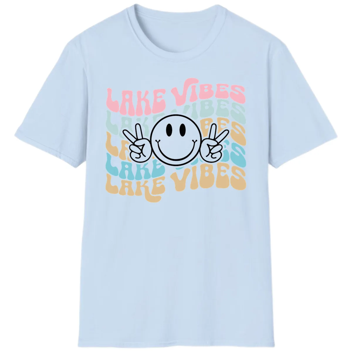Lake Vibes Retro Smiley Face T-Shirt in Light Blue