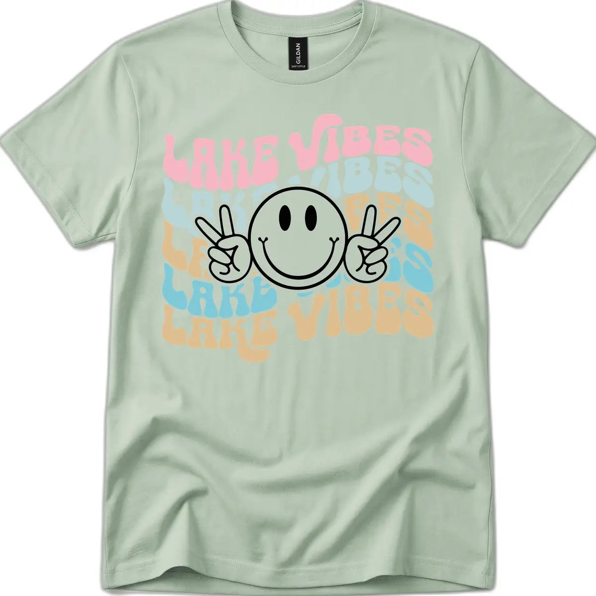 Lake Vibes Retro Smiley Face T-Shirt in Sage