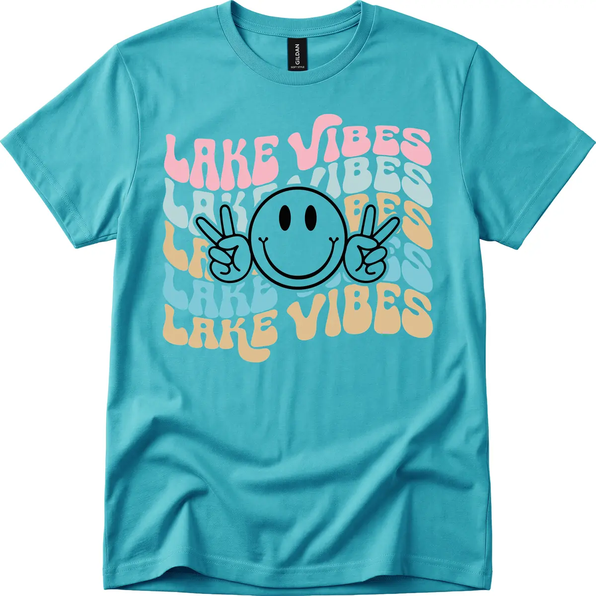 Lake Vibes Retro Smiley Face T-Shirt in Tropical Blue