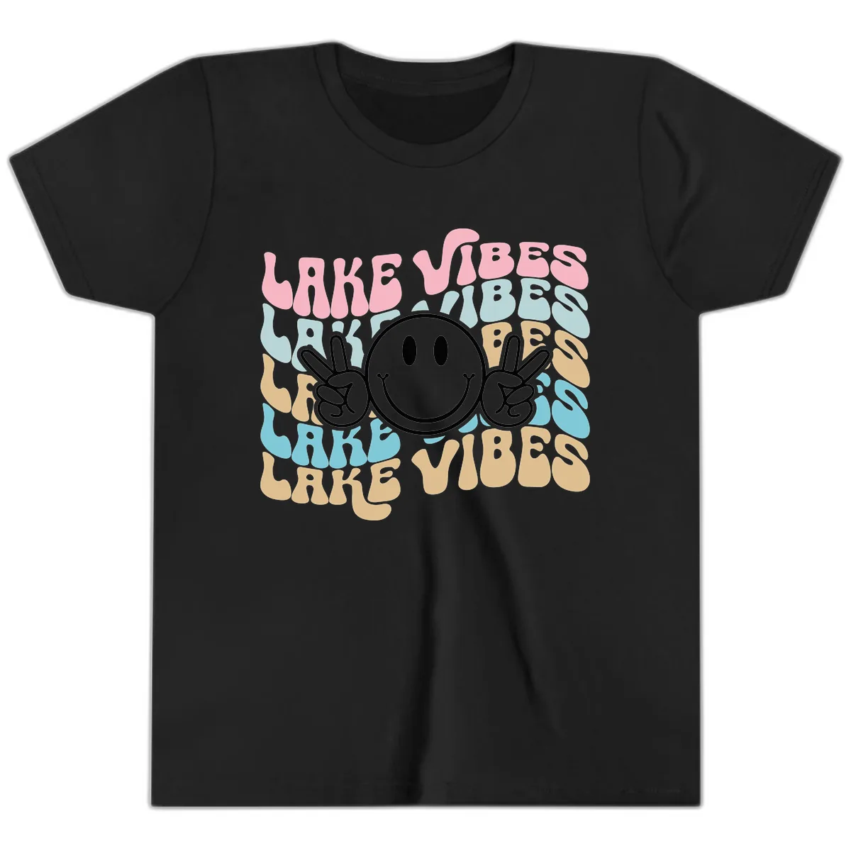 Lake Vibes Retro Smiley Face Youth T-Shirt in Black