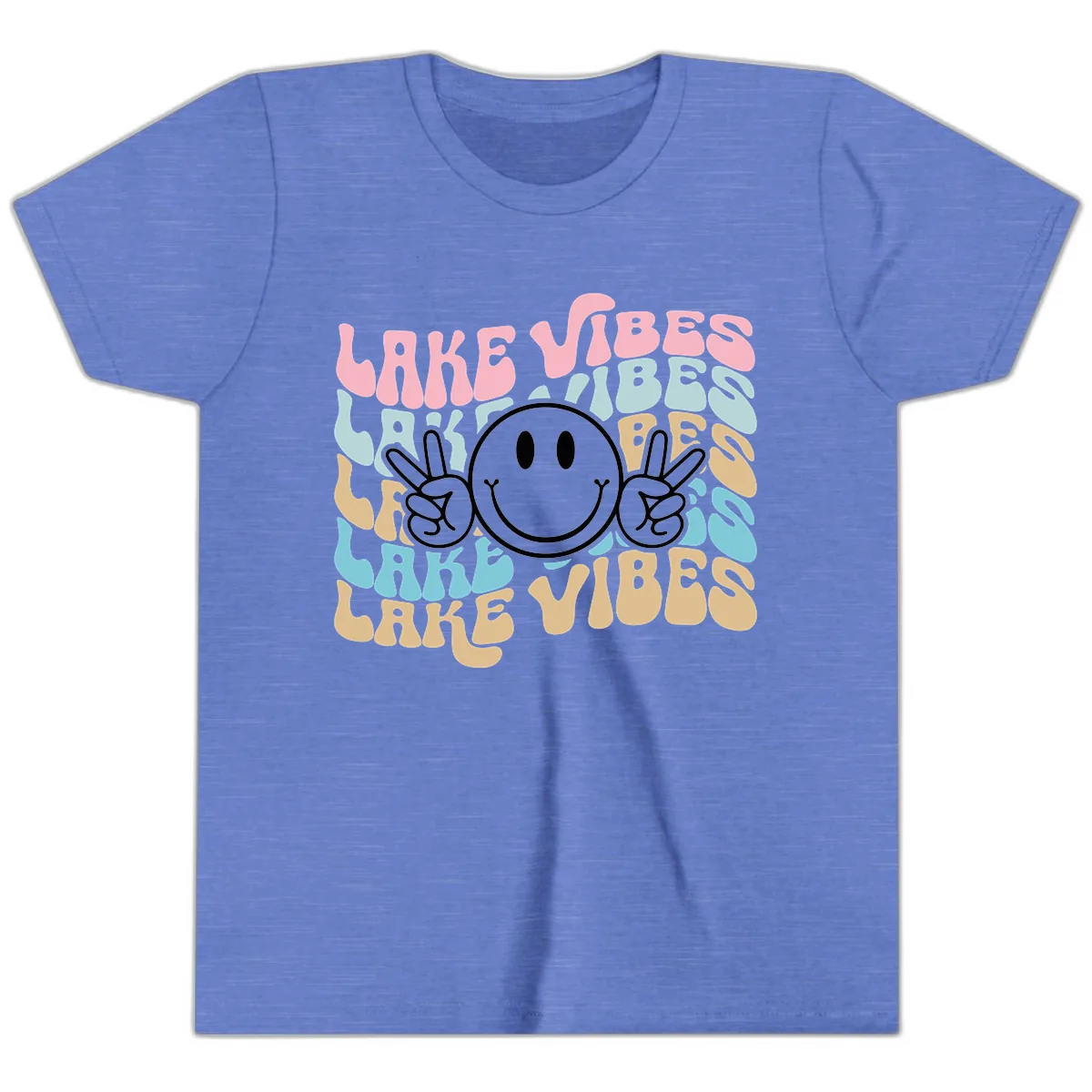 Lake Vibes Retro Smiley Face Youth T-Shirt in Heather Columbia Blue