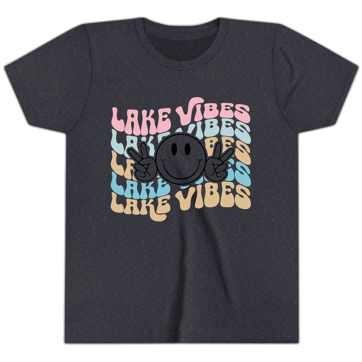 Lake Vibes Retro Smiley Face Youth T-Shirt in Heather Navy