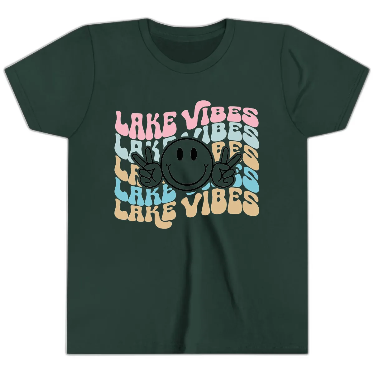 Lake Vibes Retro Smiley Face Youth T-Shirt in Forest