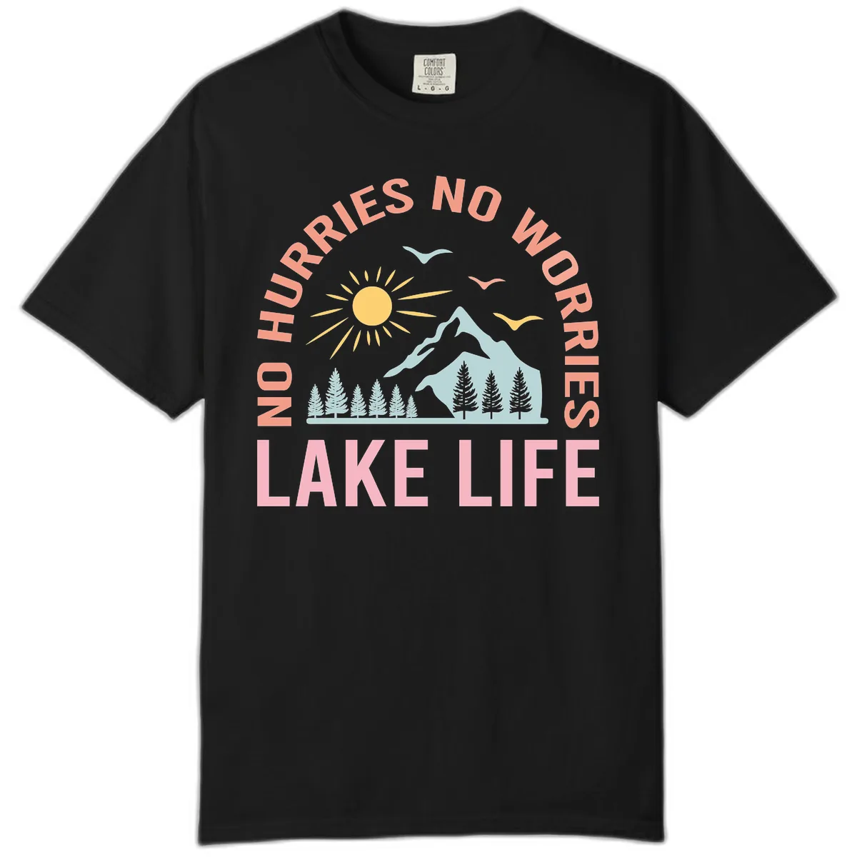 No Worries Lake Life Mountain Scene Comfort Color in Black