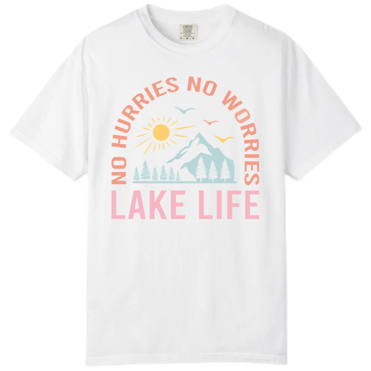 No Worries Lake Life Mountain Scene Comfort Color in White