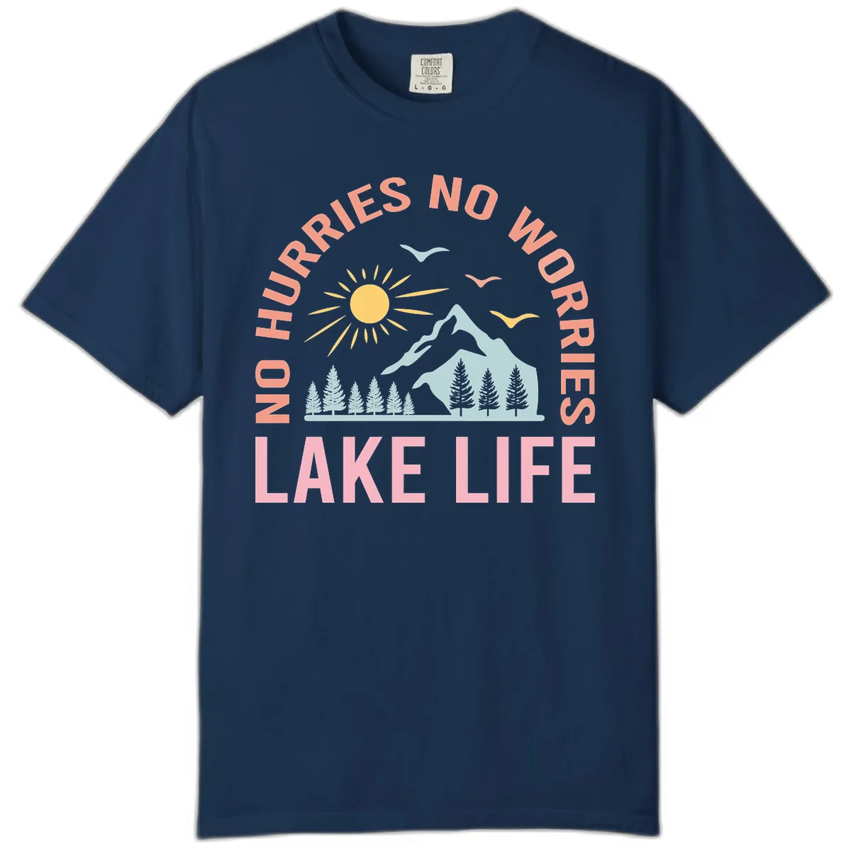 No Worries Lake Life Mountain Scene Comfort Color in Navy