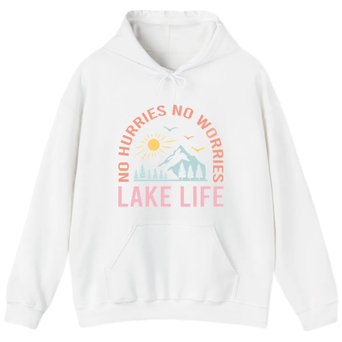 No Worries Lake Life Mountain Scene Hoodie in White