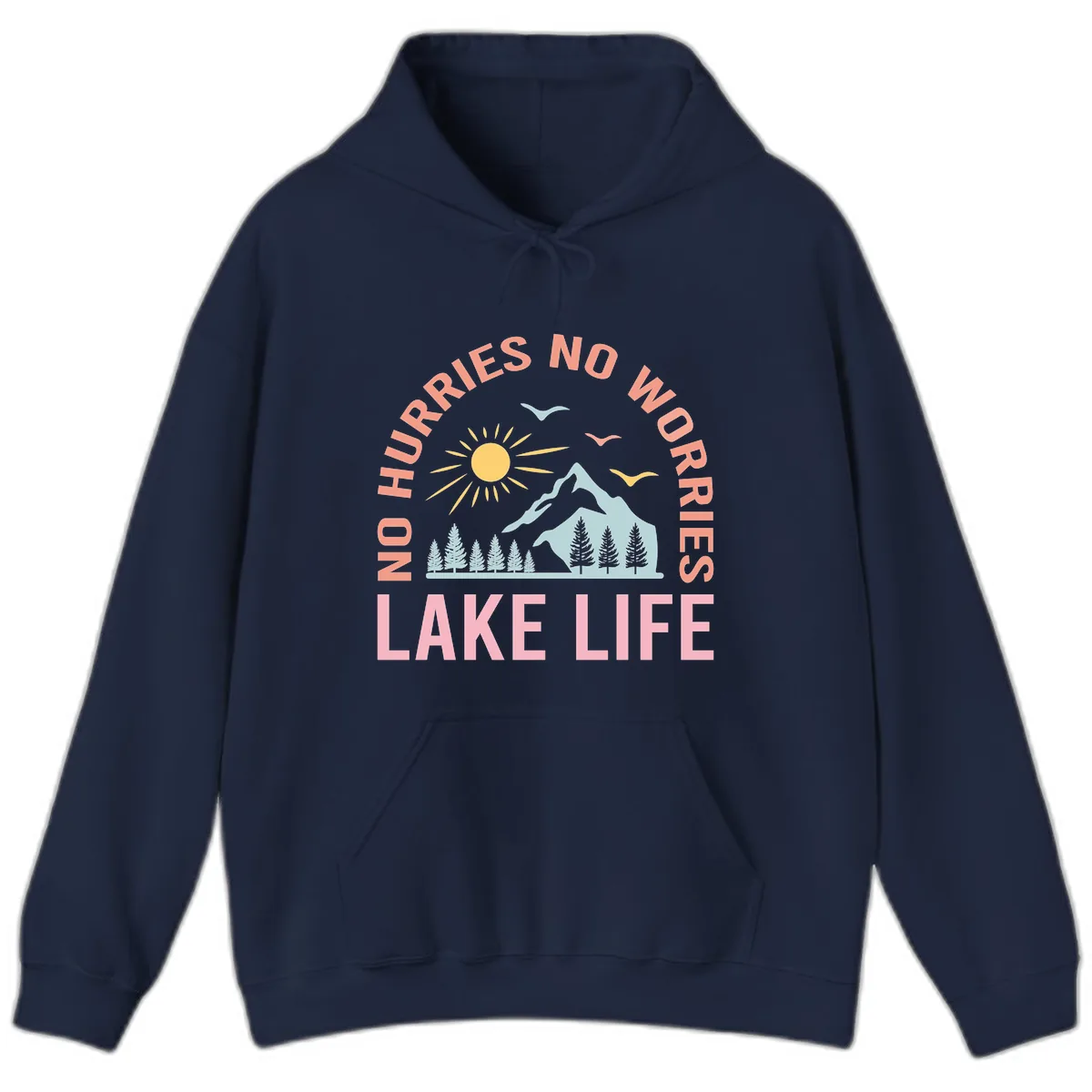 No Worries Lake Life Mountain Scene Hoodie in Navy