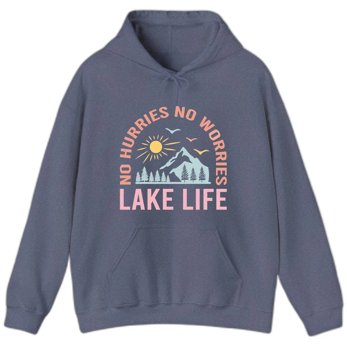 No Worries Lake Life Mountain Scene Hoodie in Heather Navy