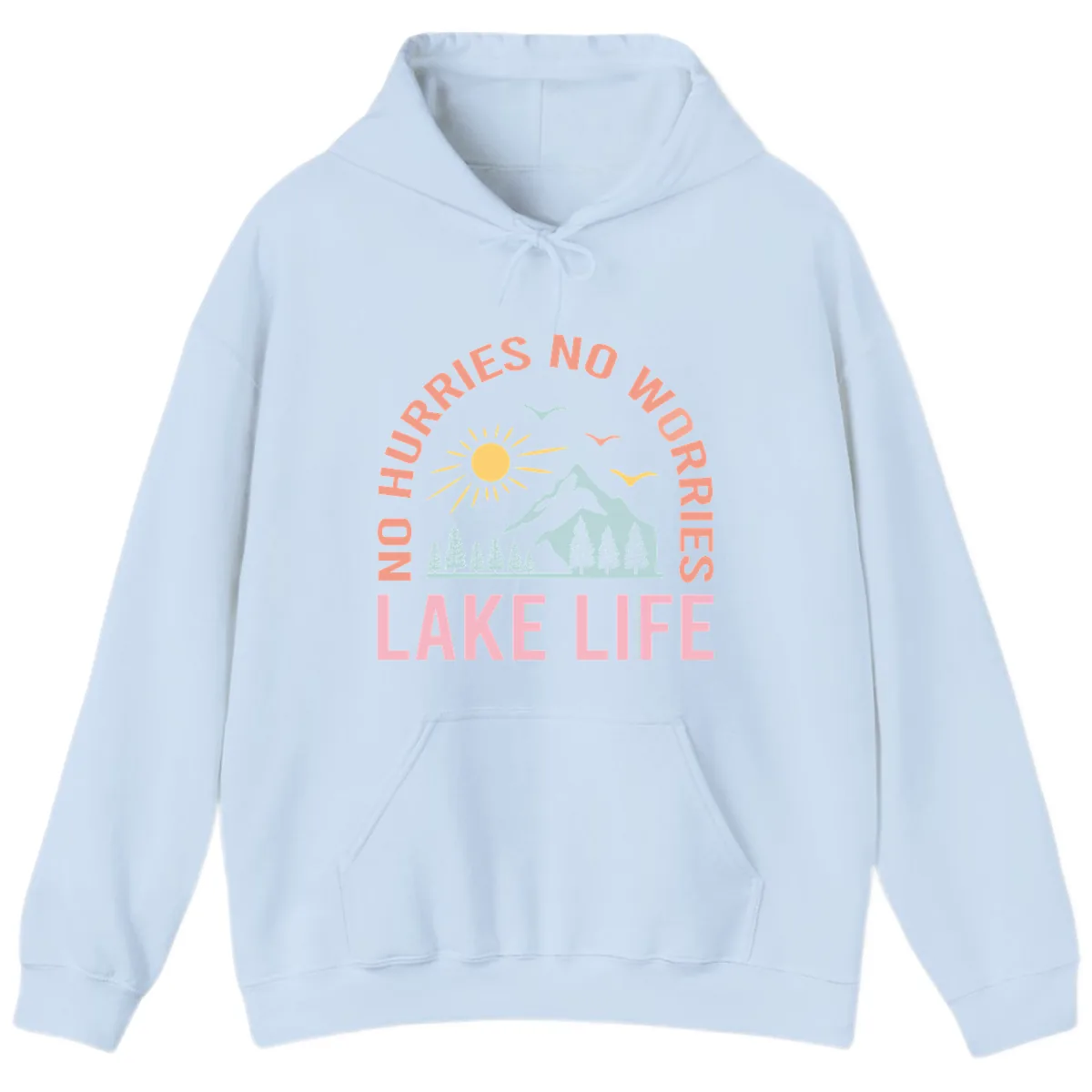 No Worries Lake Life Mountain Scene Hoodie in Light Blue