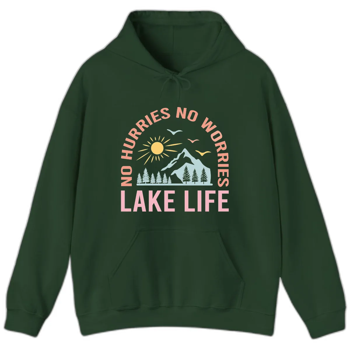 No Worries Lake Life Mountain Scene Hoodie in Forest Green