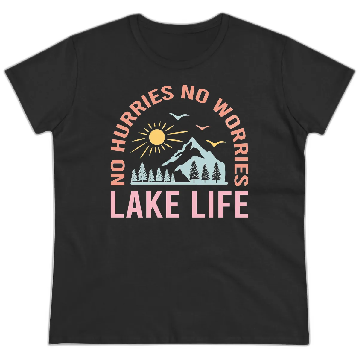 No Worries Lake Life Mountain Scene Ladies Tee in Black
