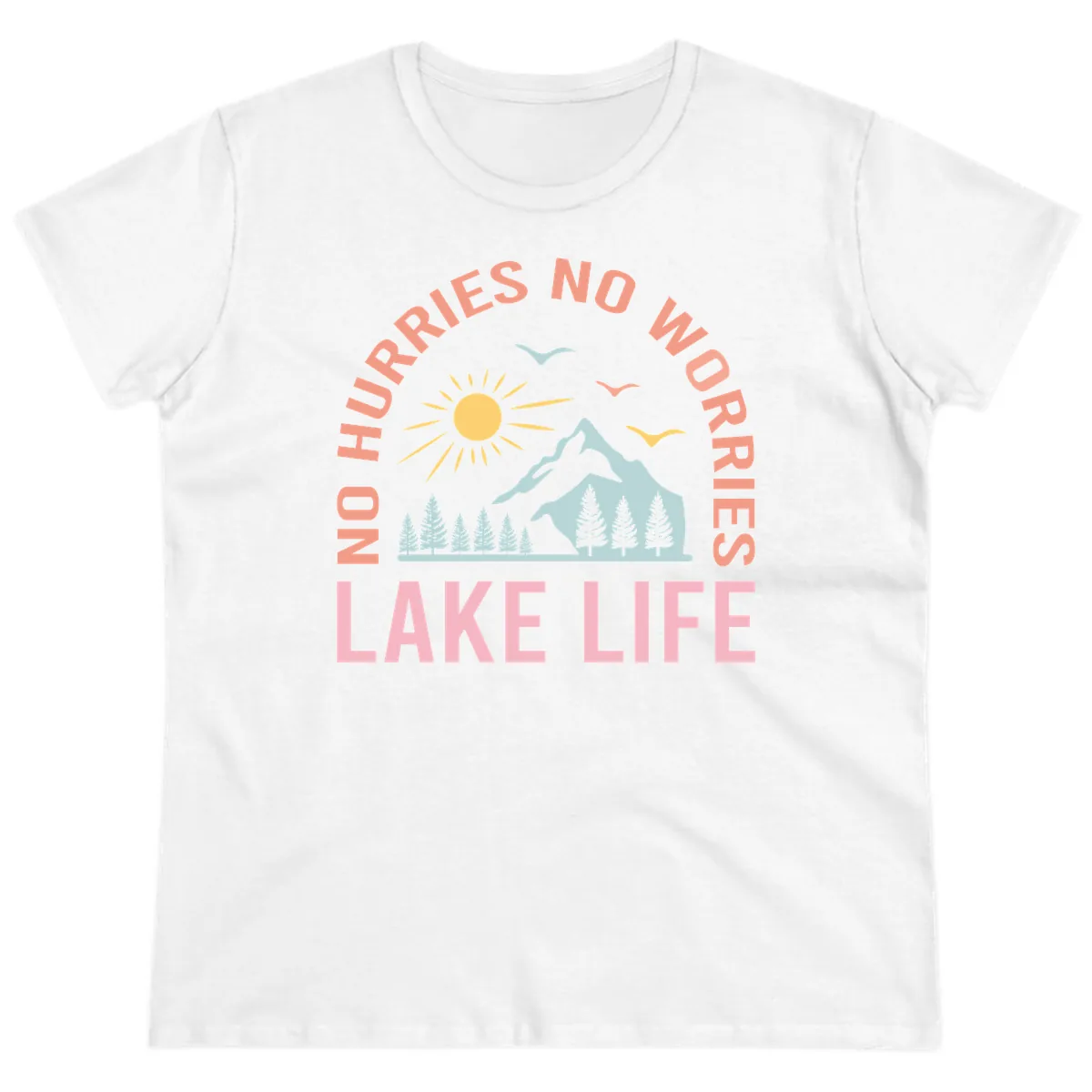 No Worries Lake Life Mountain Scene Ladies Tee in White