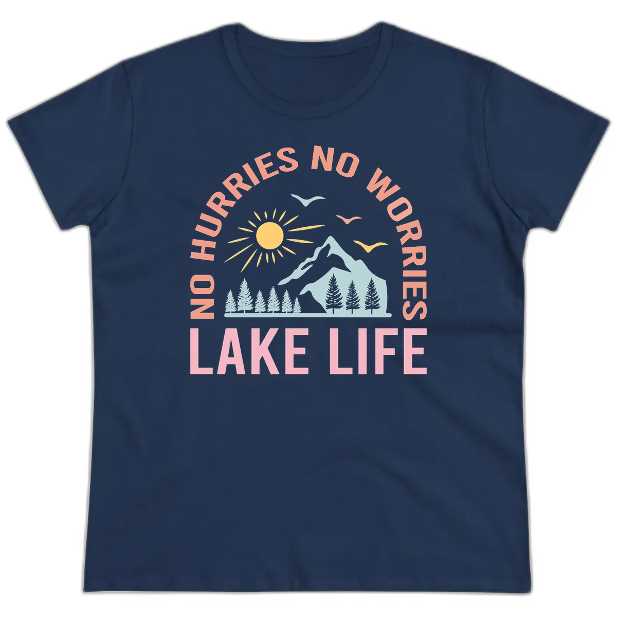 No Worries Lake Life Mountain Scene Ladies Tee in Navy