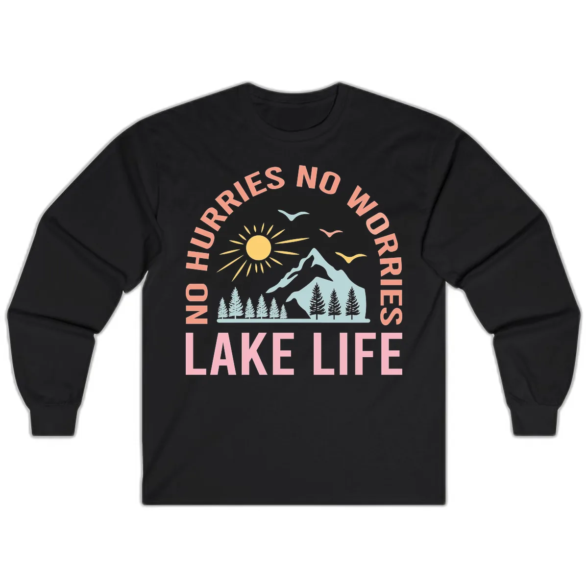 No Worries Lake Life Mountain Scene Long Sleeve in Black