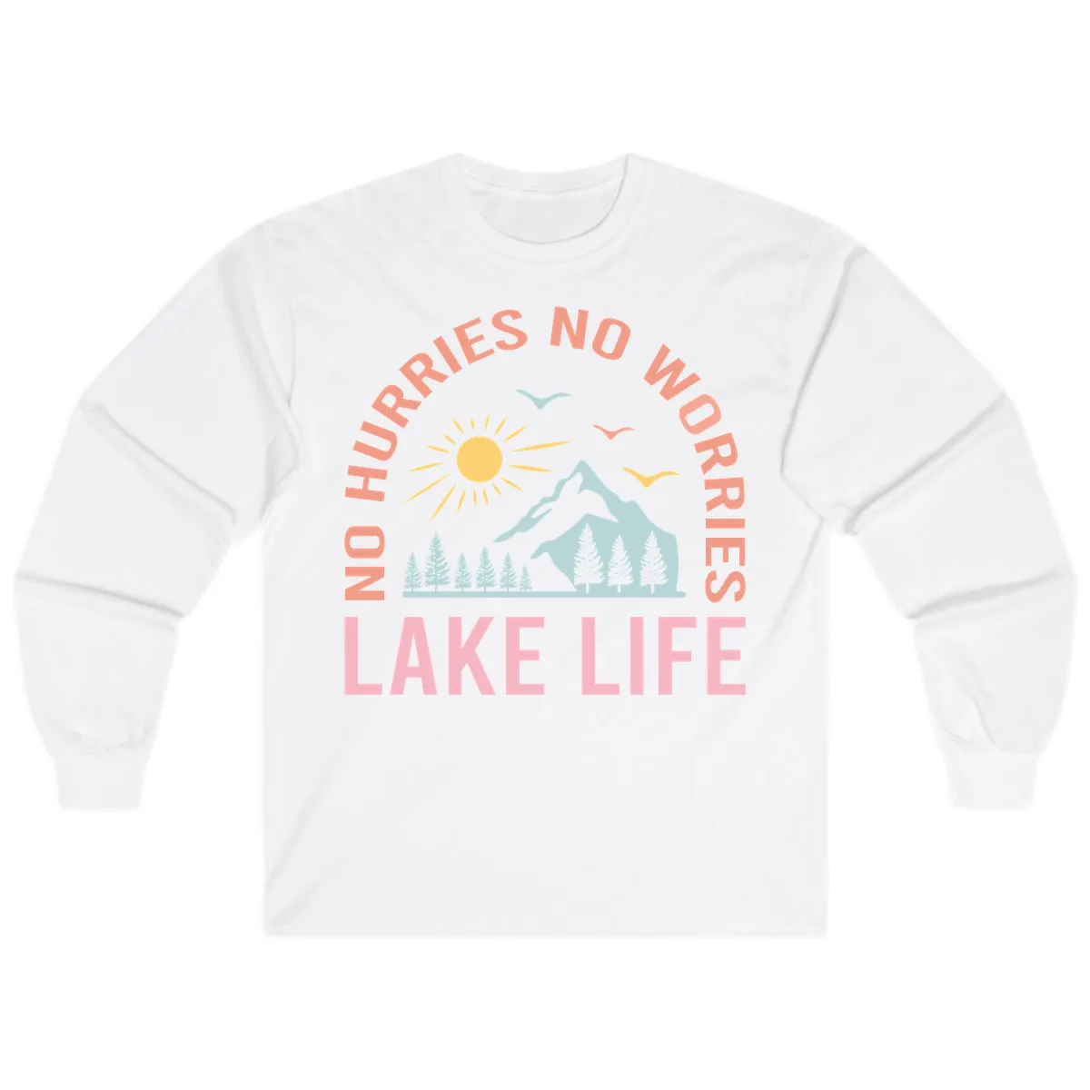 No Worries Lake Life Mountain Scene Long Sleeve in White