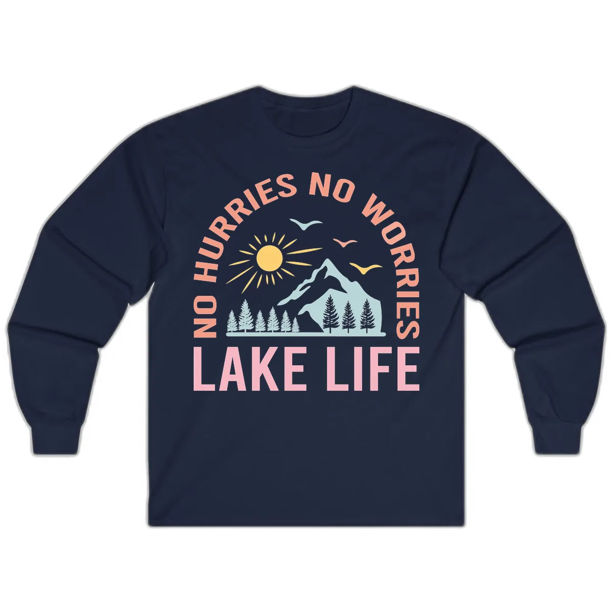 No Worries Lake Life Mountain Scene Long Sleeve in Navy