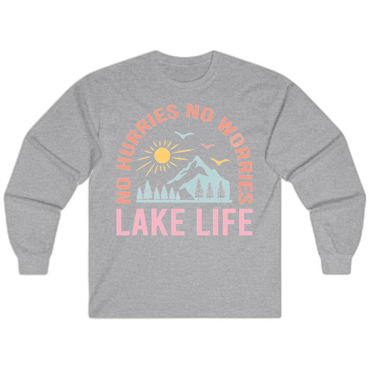 No Worries Lake Life Mountain Scene Long Sleeve in Sport Grey