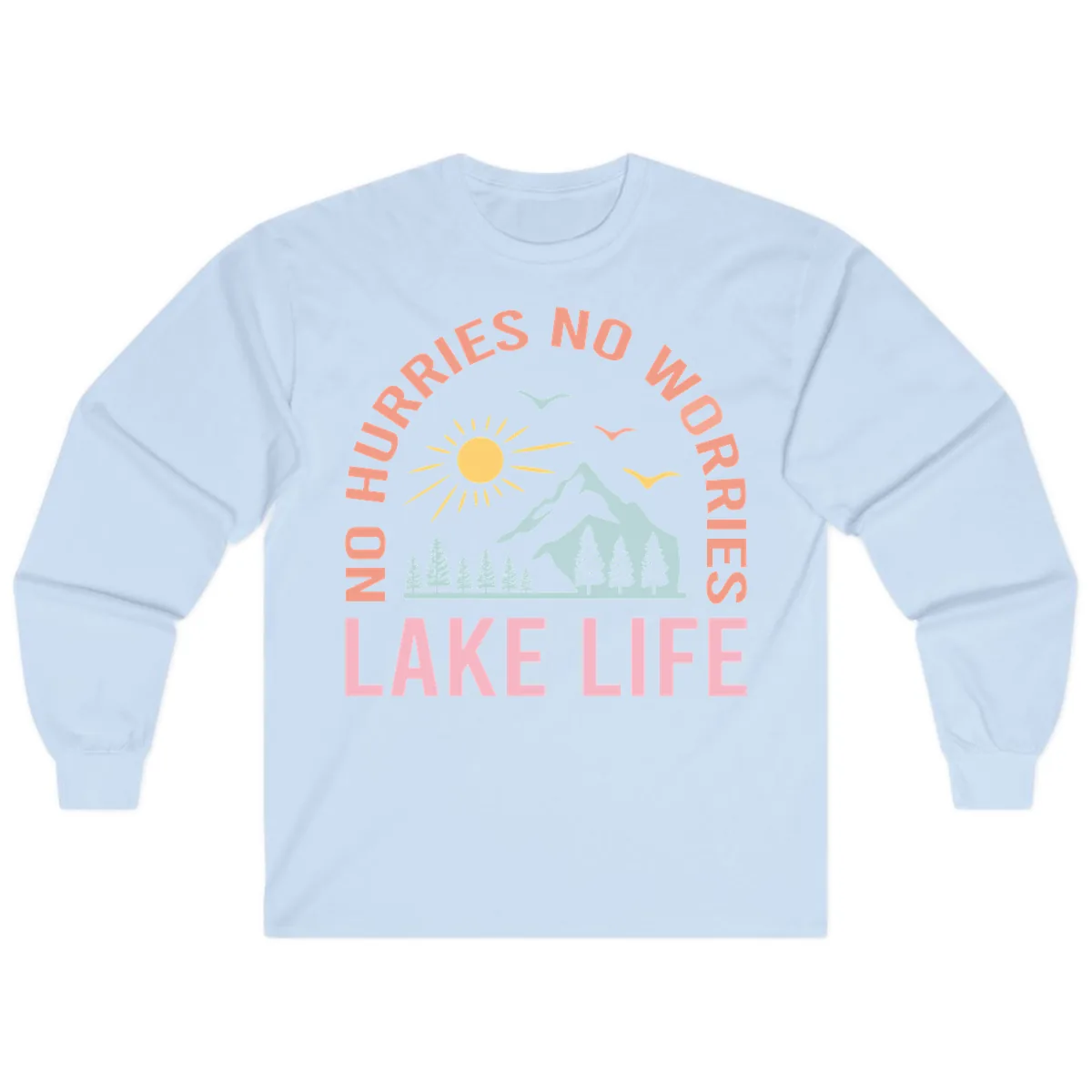 No Worries Lake Life Mountain Scene Long Sleeve in Light Blue