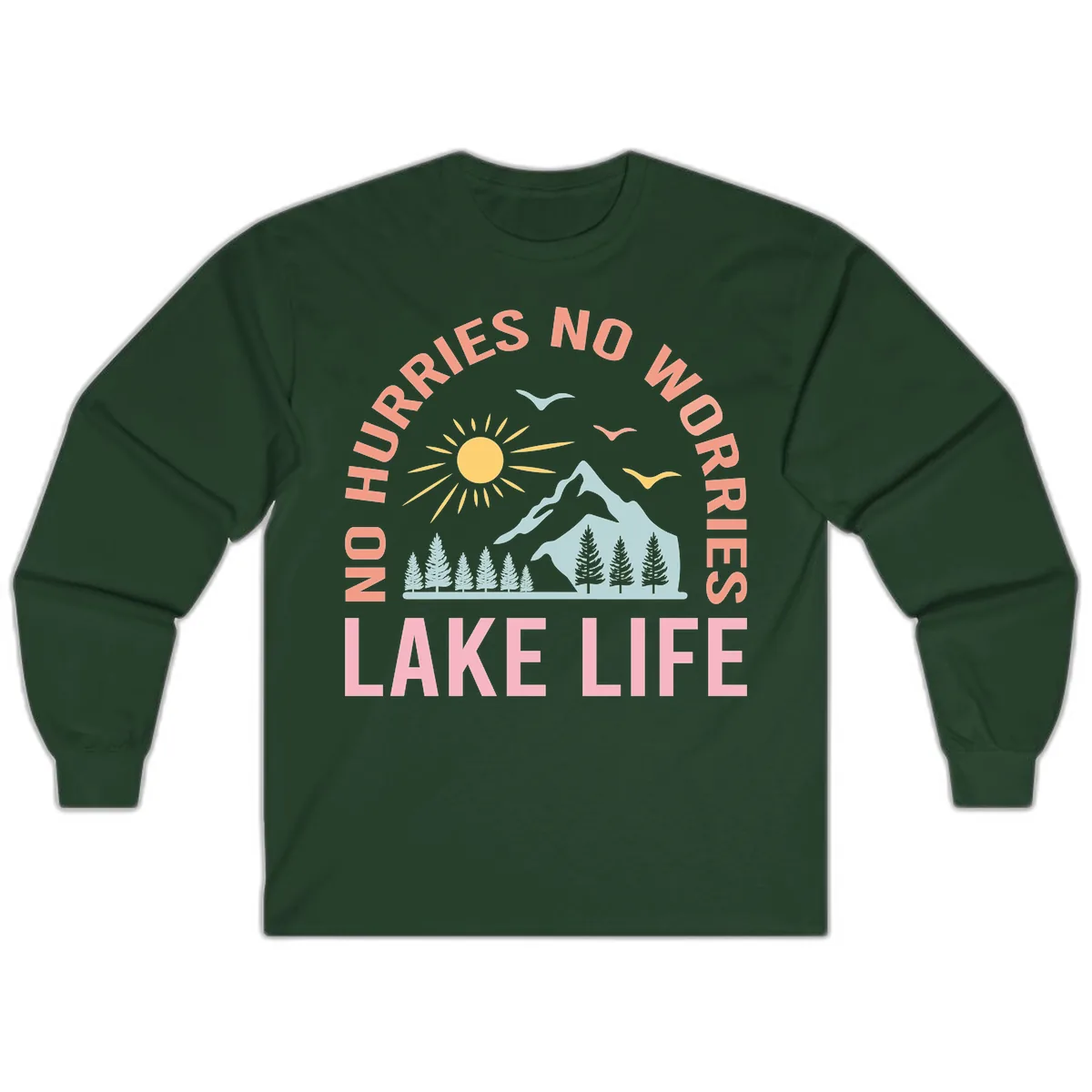 No Worries Lake Life Mountain Scene Long Sleeve in Forest Green