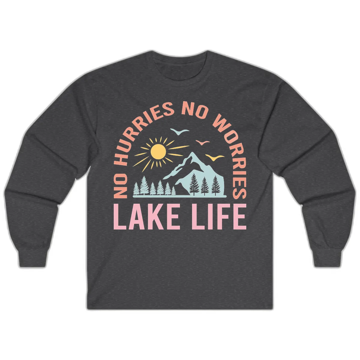 No Worries Lake Life Mountain Scene Long Sleeve in Dark Heather