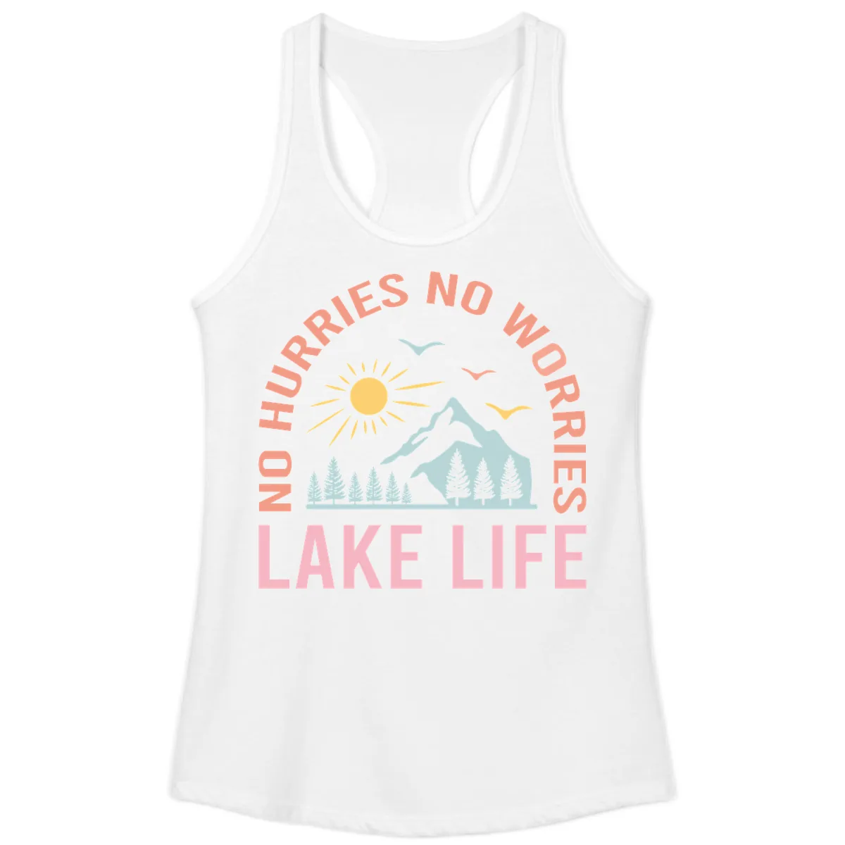No Worries Lake Life Mountain Scene Ladies Tank in White