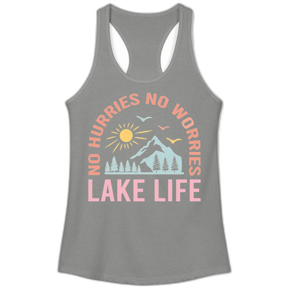 No Worries Lake Life Mountain Scene Ladies Tank in Heather Grey