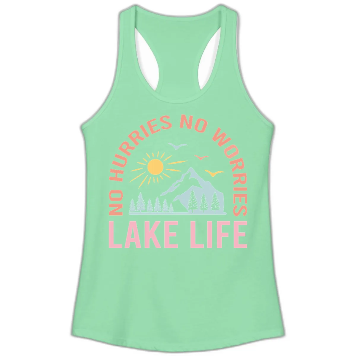 No Worries Lake Life Mountain Scene Ladies Tank in Solid Mint
