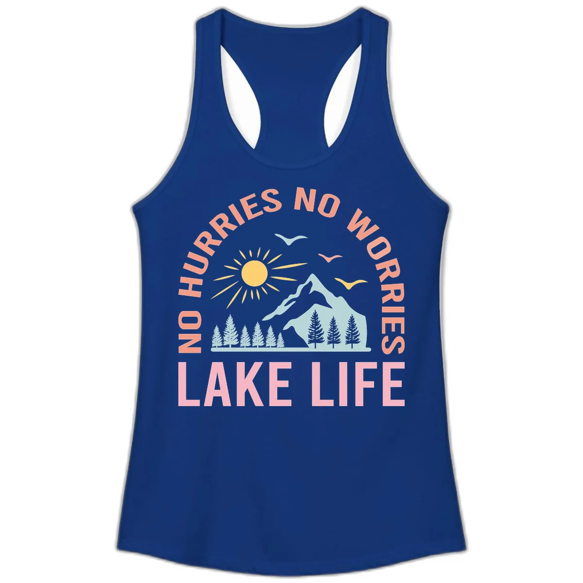 No Worries Lake Life Mountain Scene Ladies Tank in Solid Royal