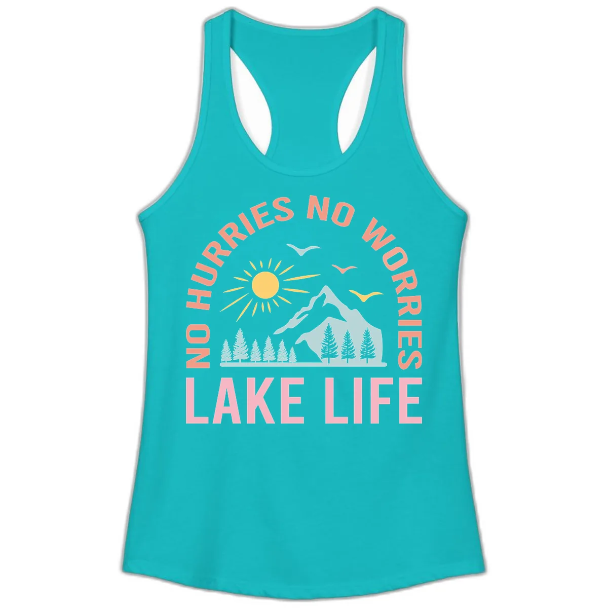 No Worries Lake Life Mountain Scene Ladies Tank in Tahiti Blue