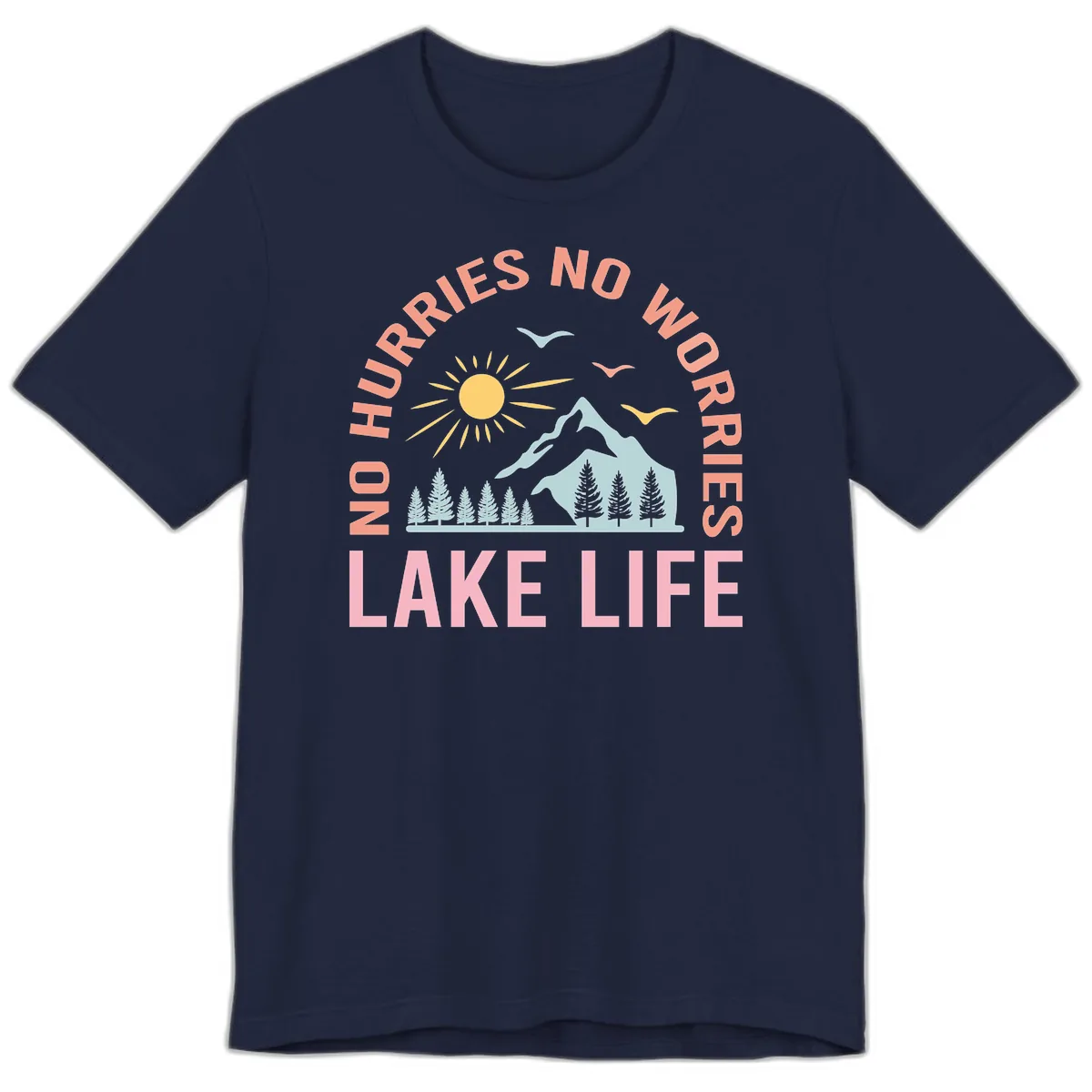 No Worries Lake Life Mountain Scene Premium T-Shirt in Navy