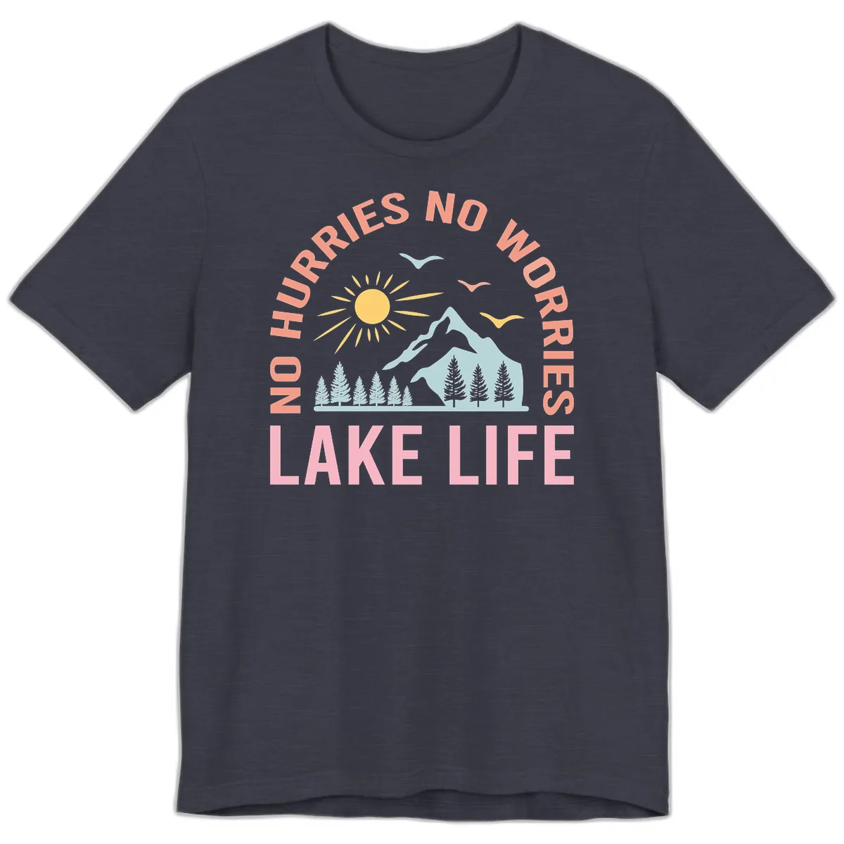 No Worries Lake Life Mountain Scene Premium T-Shirt in Heather Midnight Navy