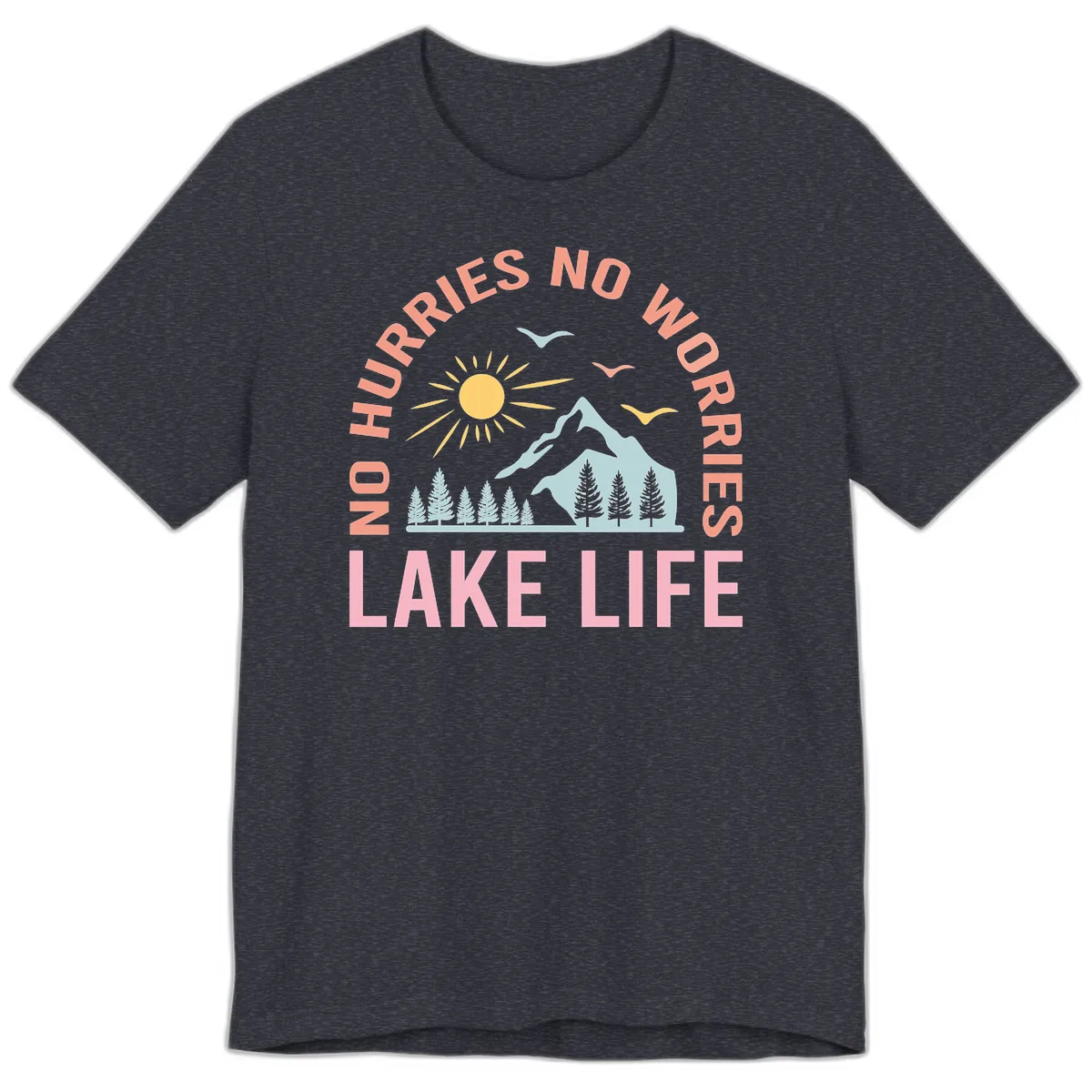 No Worries Lake Life Mountain Scene Premium T-Shirt in Heather Navy