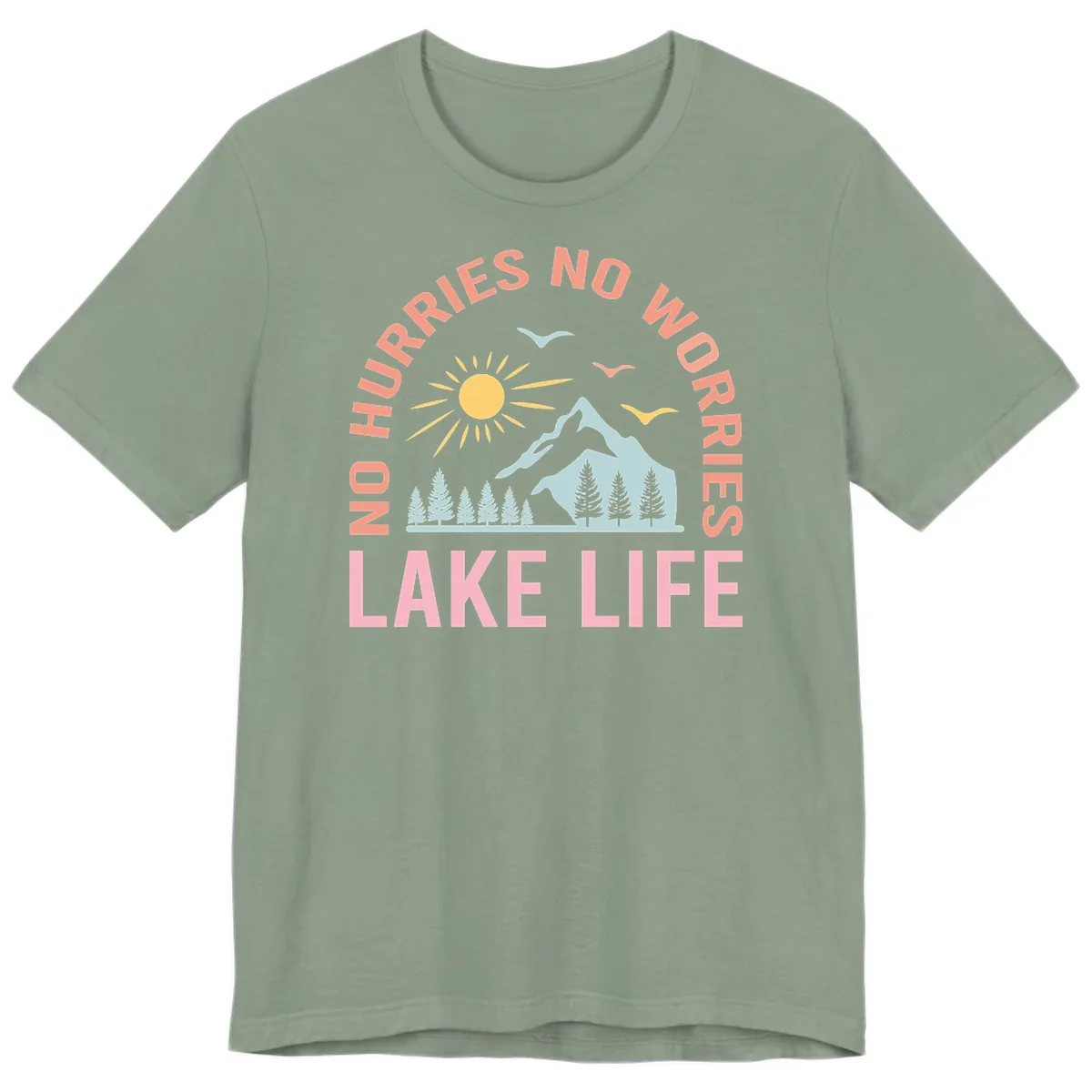 No Worries Lake Life Mountain Scene Premium T-Shirt in Sage